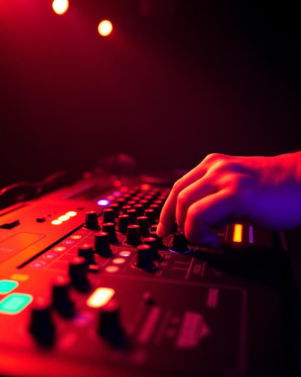 DJ Rudy at the decks under neon lights